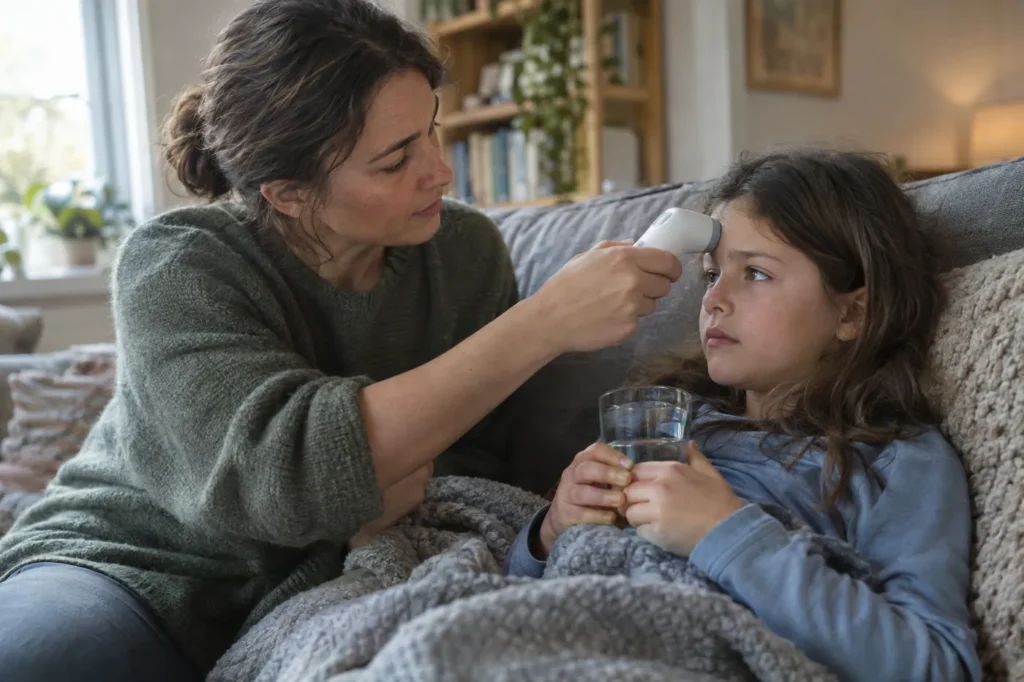 Mother checking her daughter's temperature on the sofa at home