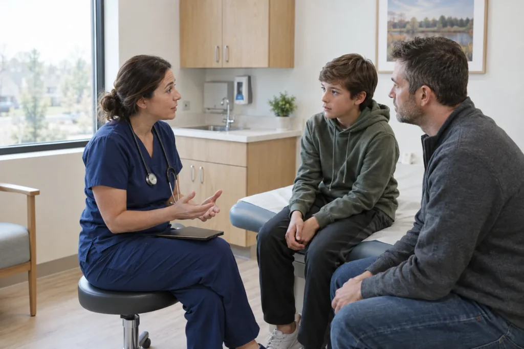 Clinician explaining a treatment plan to a father and his son in an exam room