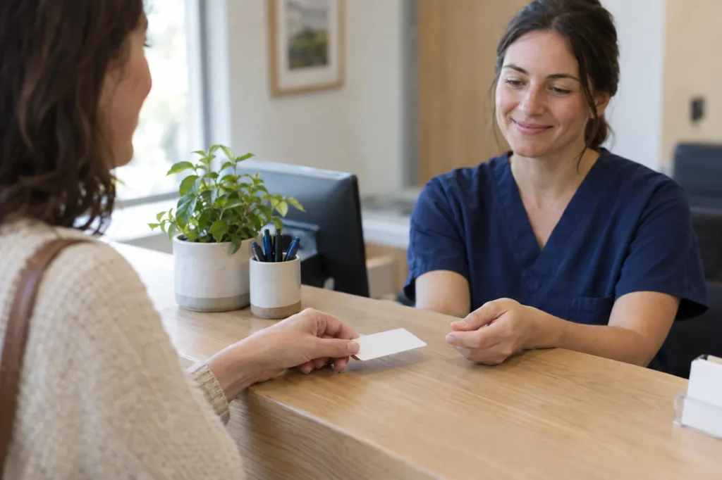 Patient handing a card to a receptionist at a clinic front counter
