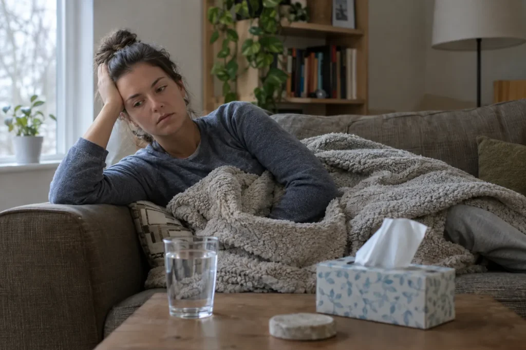 Tired young woman resting under a thick blanket on a sofa with water and tissues nearby