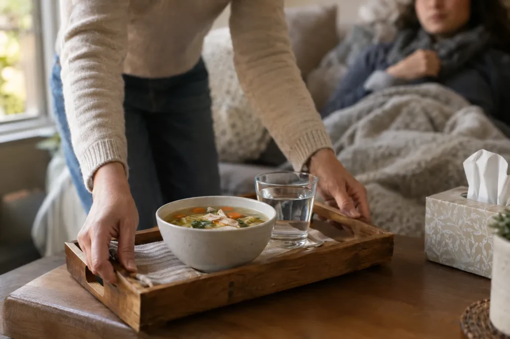Hands setting down a bowl of soup and a glass of water for someone resting with the flu