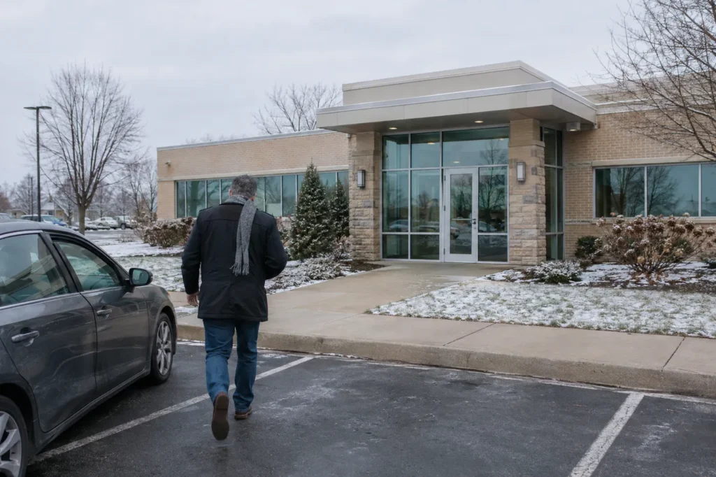 Man in a winter coat walking toward a small suburban medical building on a gray winter day