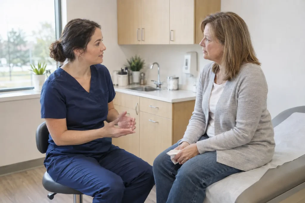 Clinician explaining flu care to a woman sitting on an exam table in a bright clinic room