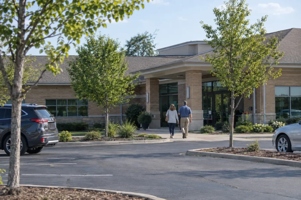 Couple walking from their car toward a small suburban urgent care building on a summer afternoon