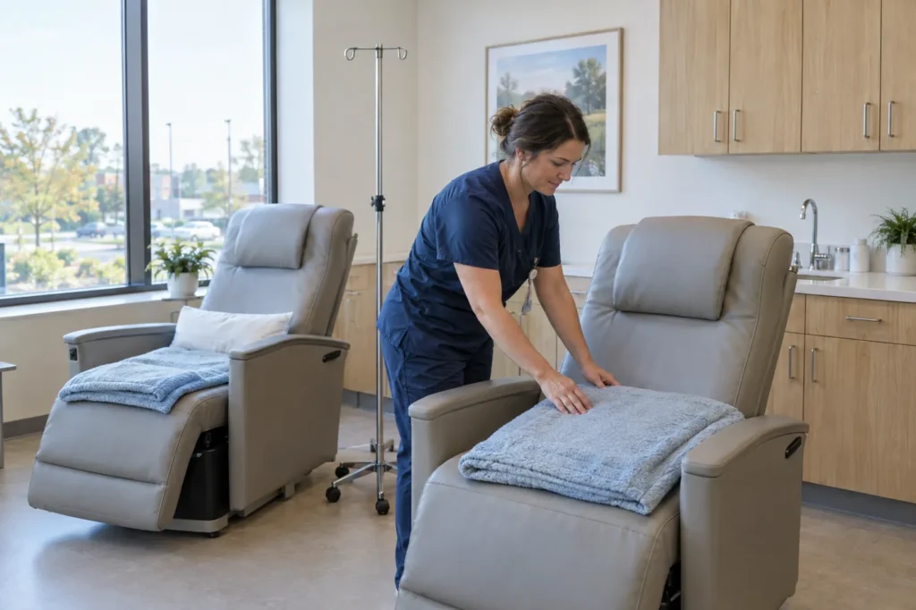 Clinician in navy scrubs preparing a recliner in a bright, tidy urgent care treatment room
