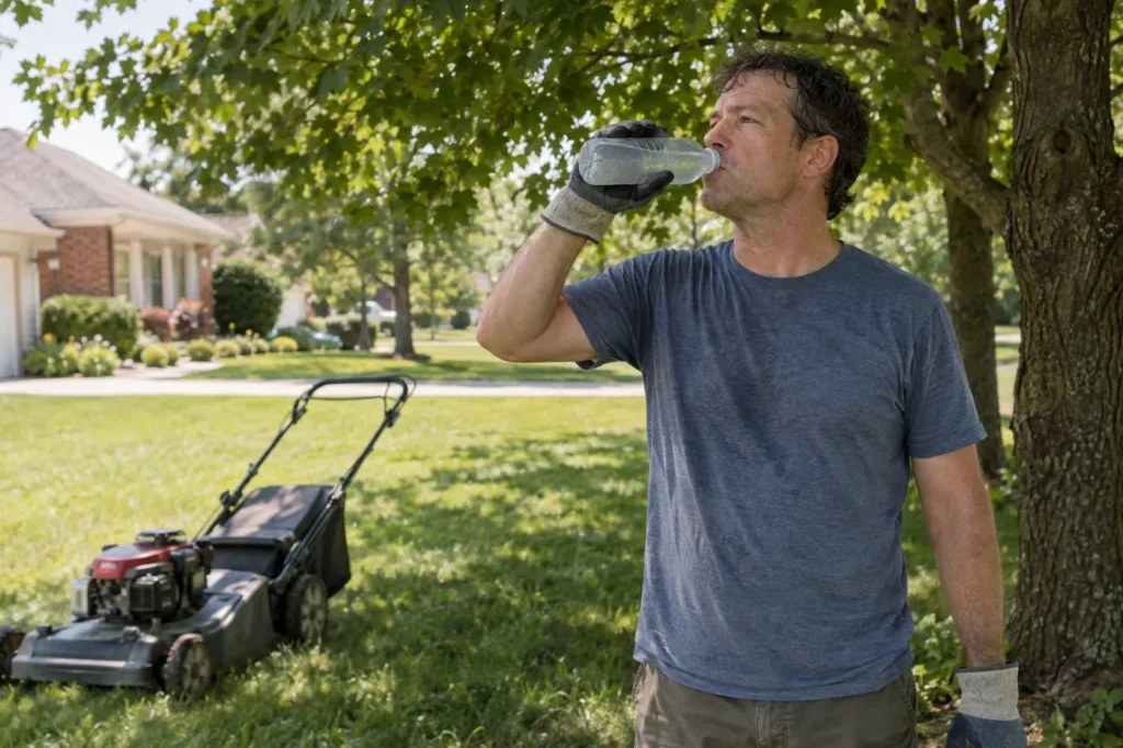 Man in work gloves drinking water in the shade after mowing his lawn on a hot summer day