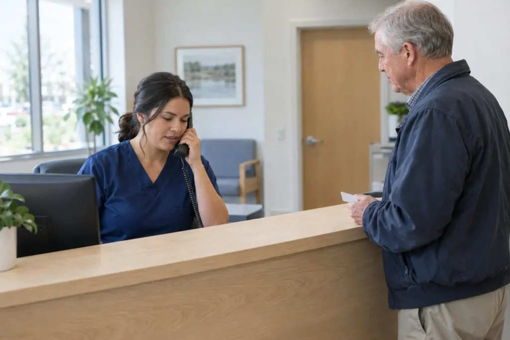 Staff member in navy scrubs on the desk phone while an older man waits holding a card
