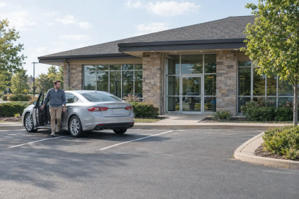 Man stepping out of his car in the parking lot of a small suburban urgent care building