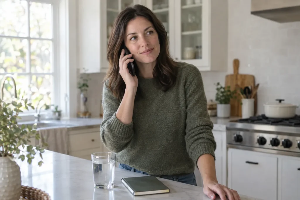 Woman at her kitchen island making a phone call with a glass of water on the counter