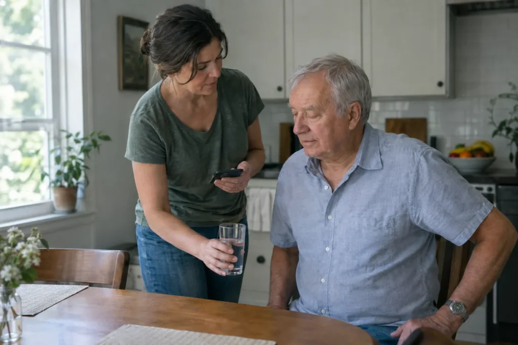 Woman handing a glass of water to her older father at a kitchen table on a hot afternoon