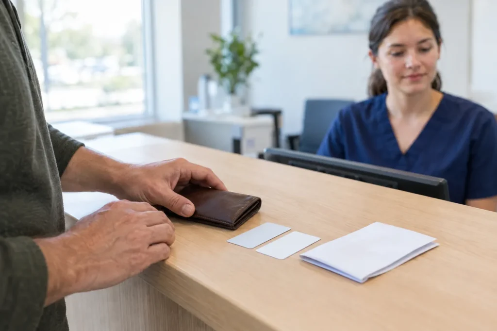 Hands setting a wallet, face-down cards and a folded list on an urgent care front desk