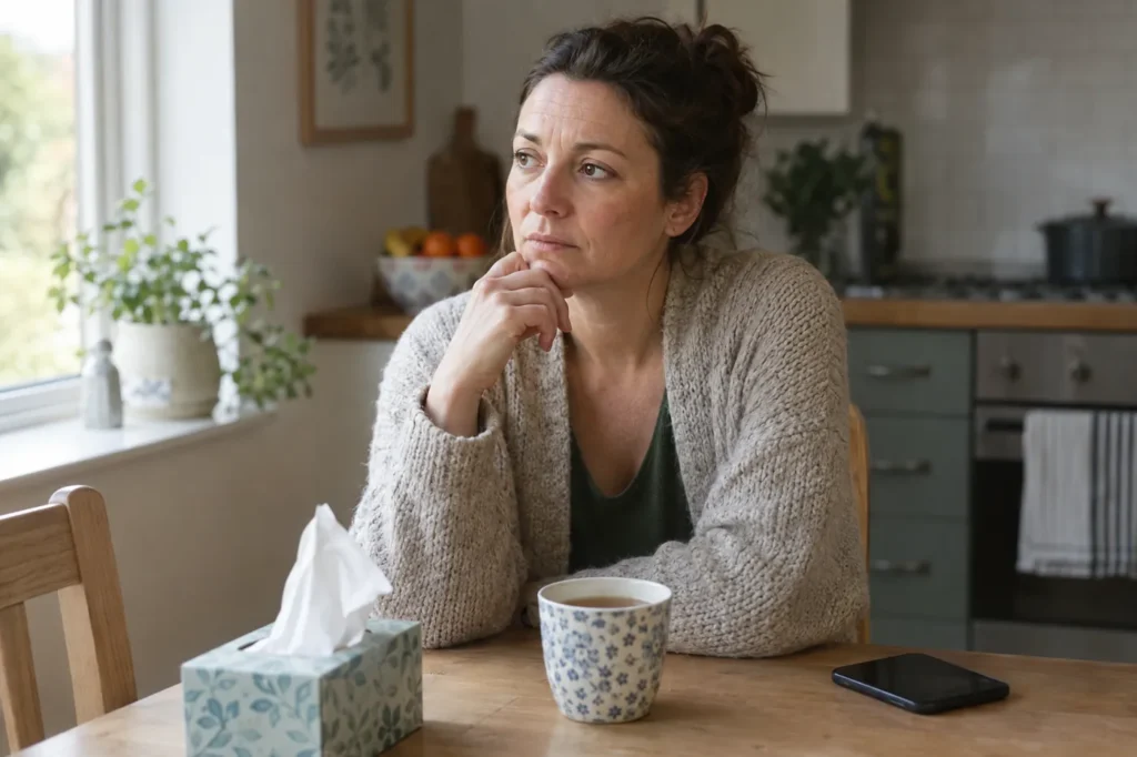 Woman with a cold at her kitchen table with tissues and tea, deciding whether to get checked