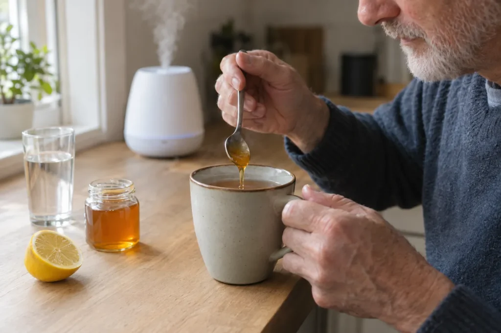 Hands stirring honey into a mug of warm tea next to a lemon and a glass of water