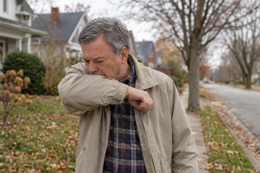 Older man in a light jacket coughing into his elbow on a quiet suburban sidewalk in autumn