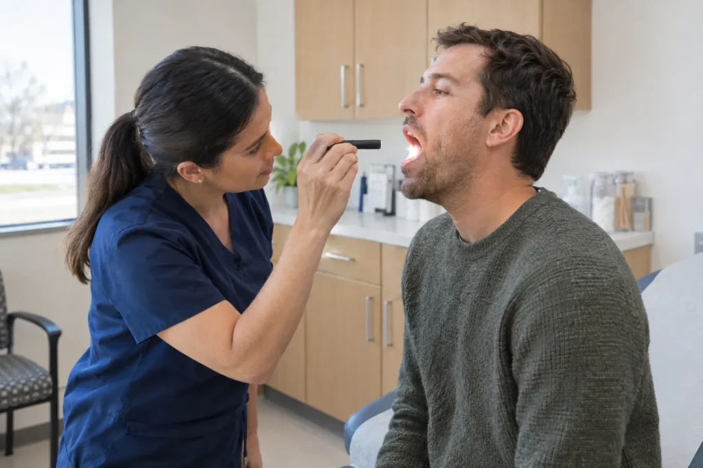 Clinician in navy scrubs checking a man's throat with a penlight in a bright exam room