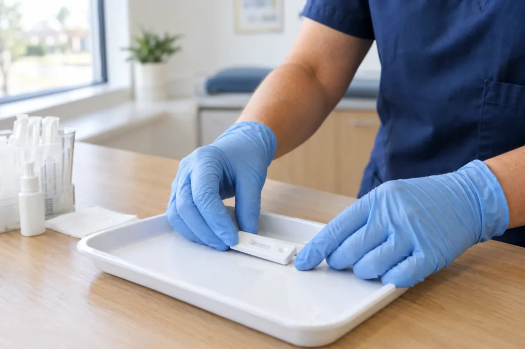 Gloved hands placing a rapid test on a tray at a light oak counter in a bright clinic