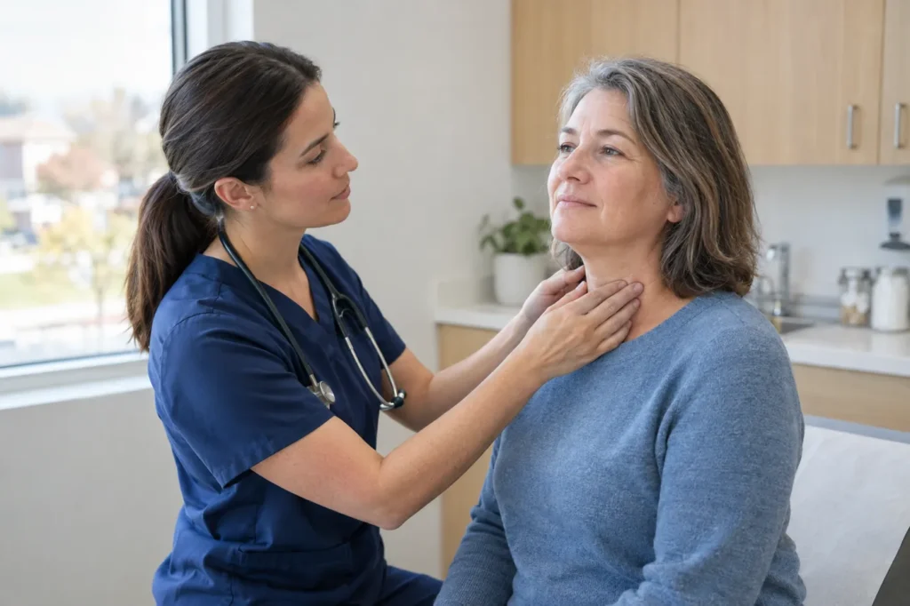 Clinician gently checking the front of a seated woman's neck in a bright exam room