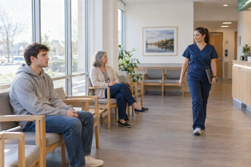 Two adults waiting in a bright urgent care waiting area as a staff member walks over