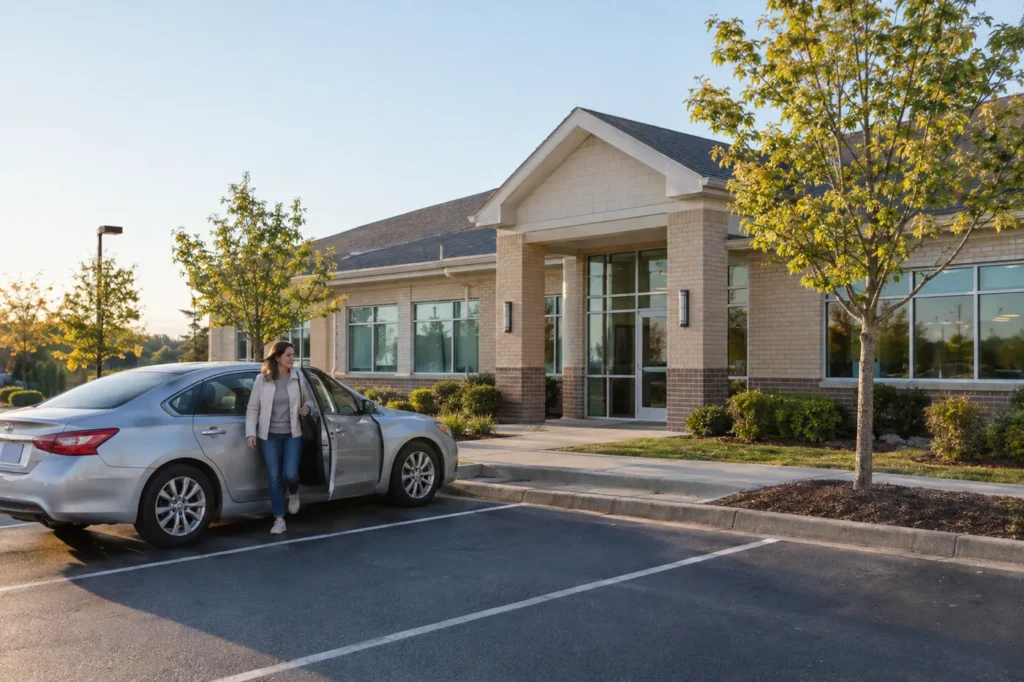 Driver stepping out of a car in the parking lot of a small suburban medical building