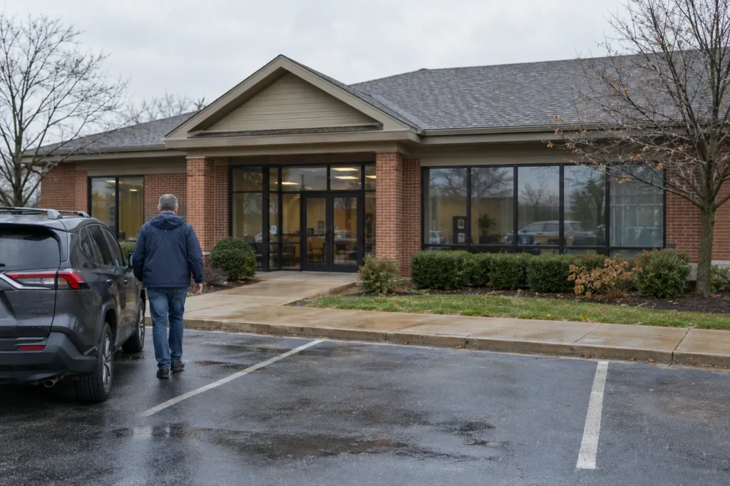 Man in a rain jacket walking from his car to a small suburban urgent care building