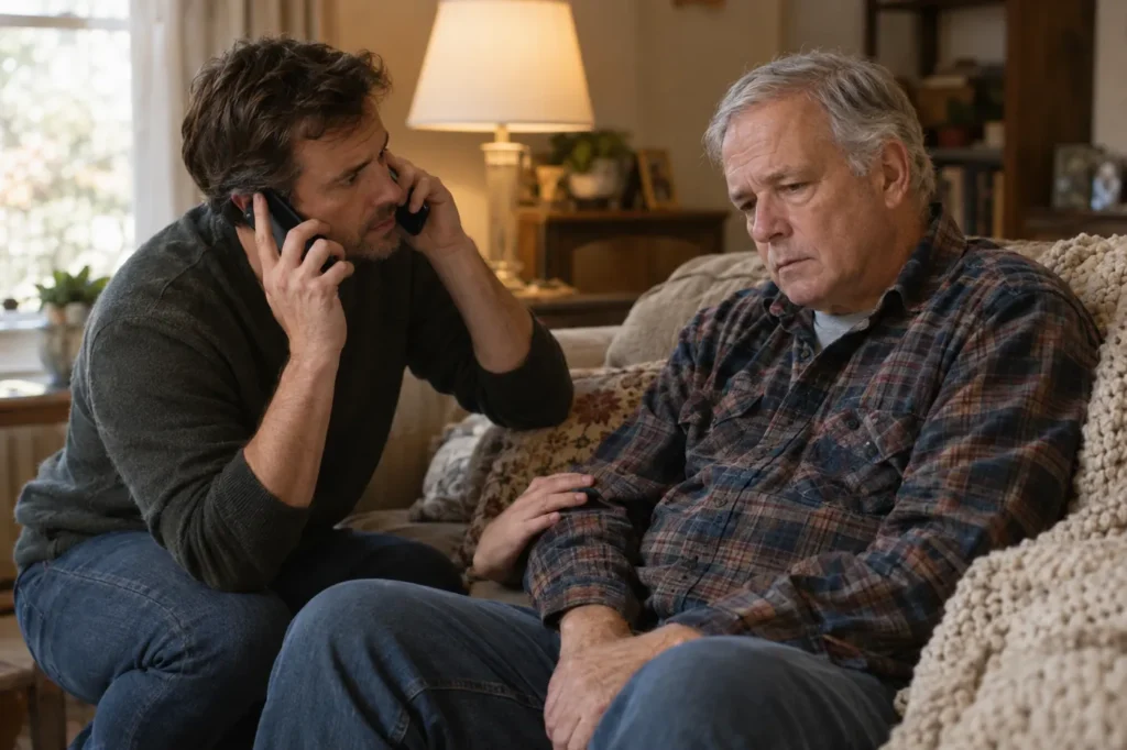 Adult son on the phone kneeling beside his father, who sits unwell on the living room sofa