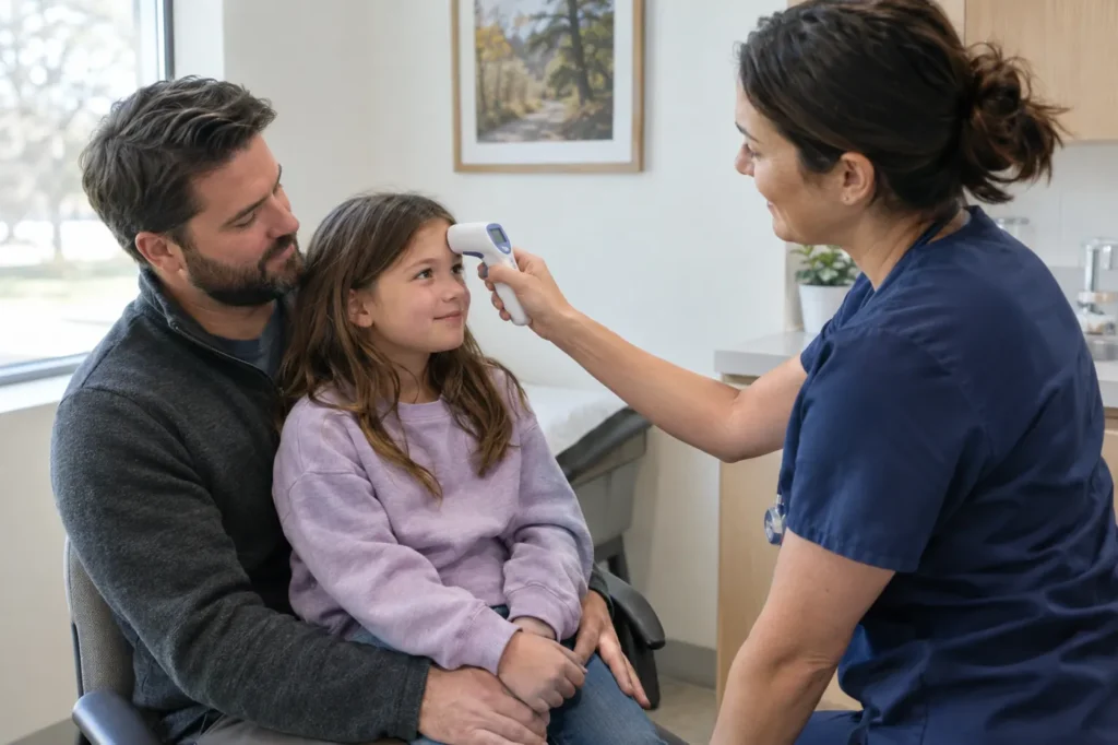 Clinician in navy scrubs checking a young girl's temperature as she sits on her father's lap