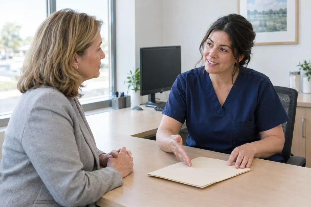 Staff member in navy scrubs explaining visit costs to a woman across a clinic desk