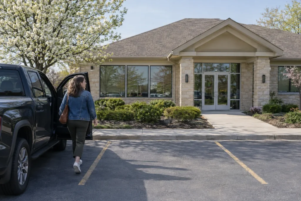 Woman stepping out of a pickup truck in the parking lot of a small suburban urgent care building