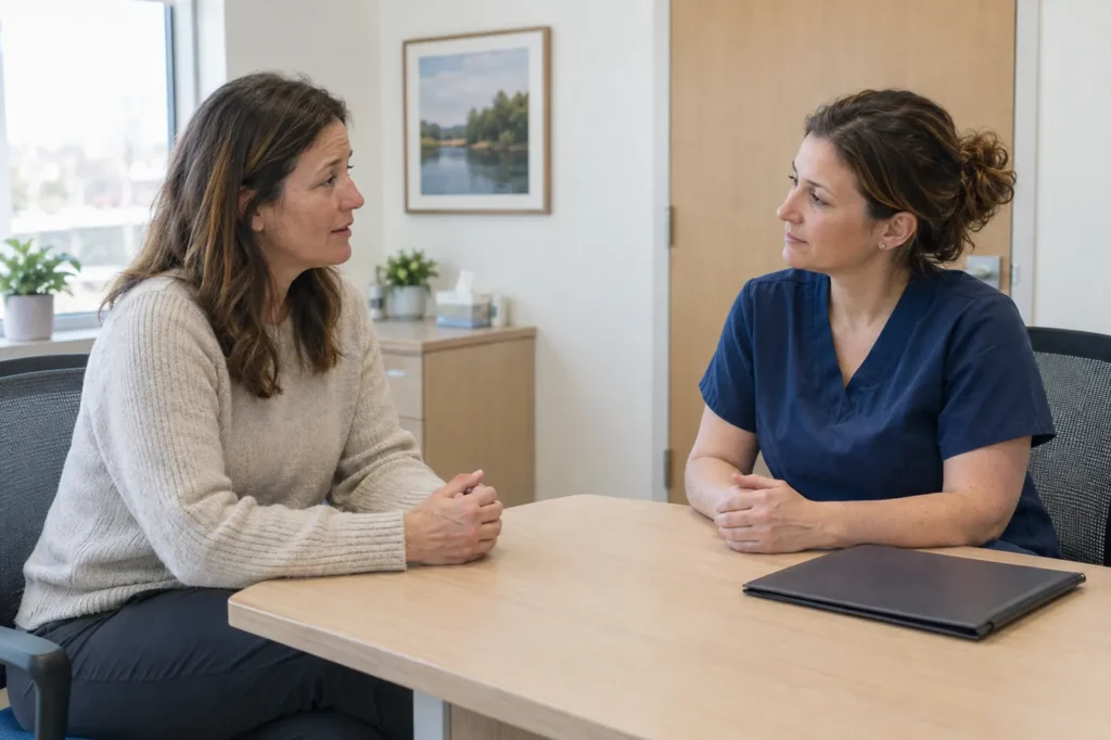 Woman in a sweater talking privately with a clinician in navy scrubs at a consultation desk