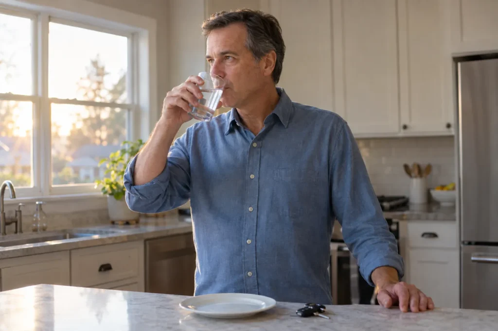 Man drinking a glass of water in his kitchen early in the morning beside an empty plate