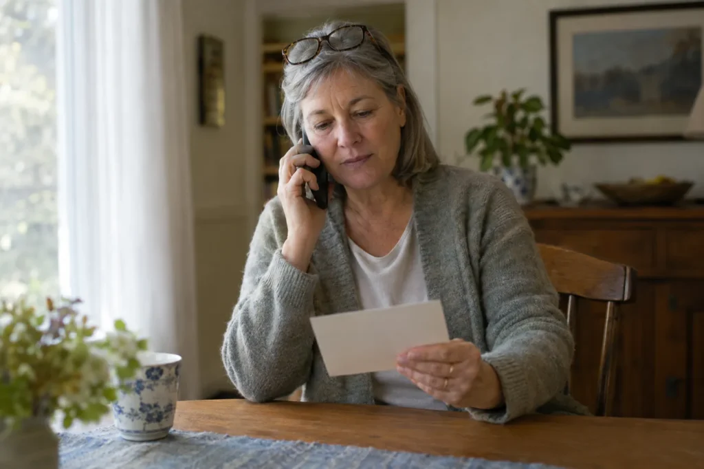 Older woman at her dining table holding a card while making a phone call
