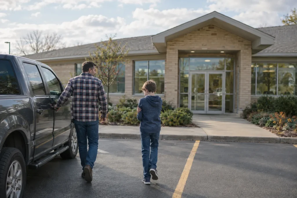 Father and son walking from a pickup truck toward a small suburban medical building