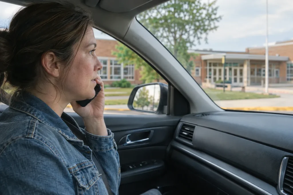 Mother in a parked car outside a school, calling the school nurse about her child