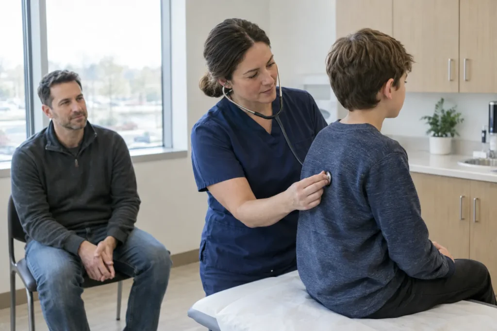Clinician listening to a preteen boy's breathing over his sweater as his father sits nearby