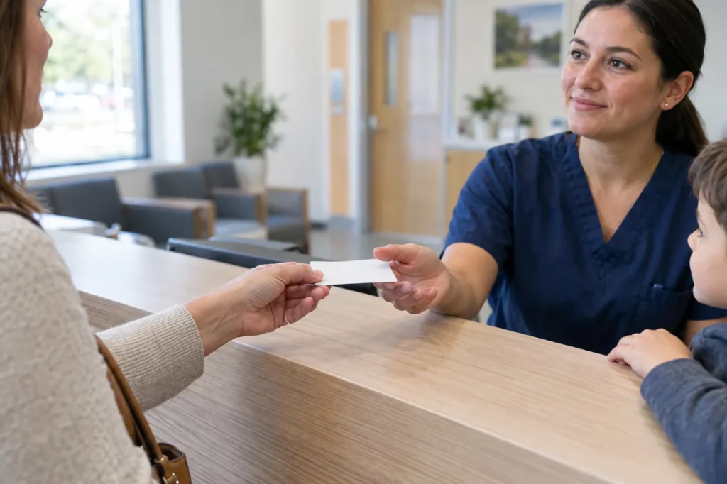 Mother handing a plain card to a receptionist at a light oak front desk