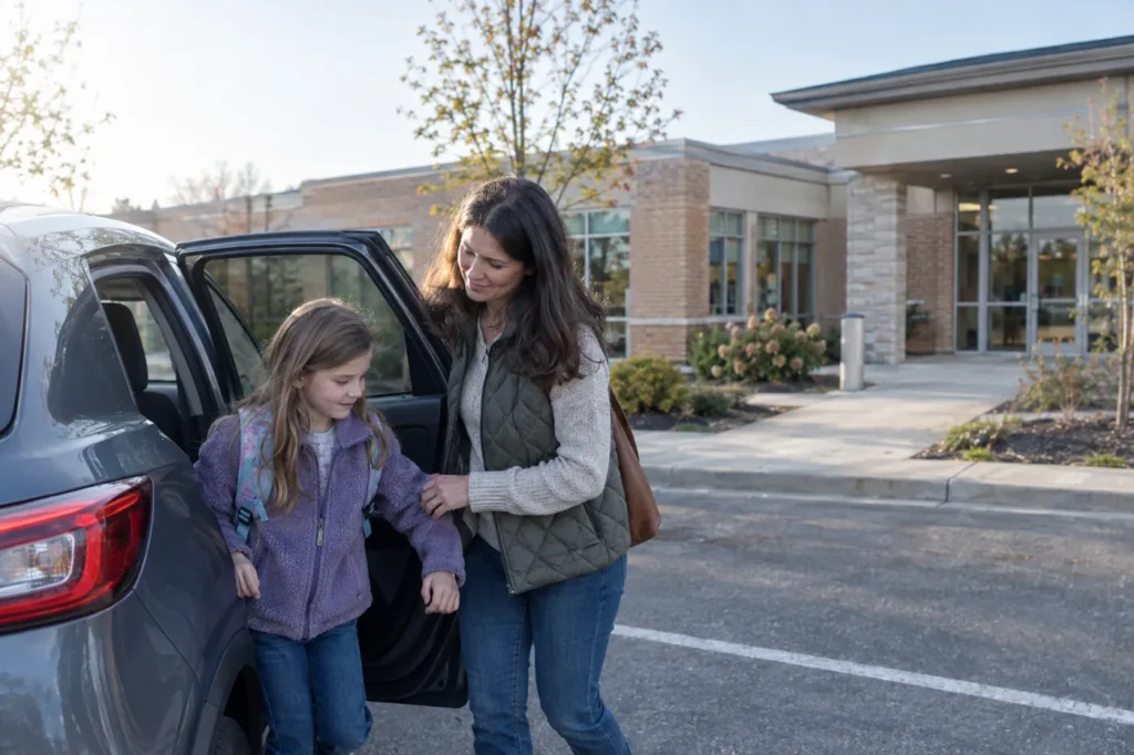 Mother helping her daughter out of a car outside a small suburban medical building