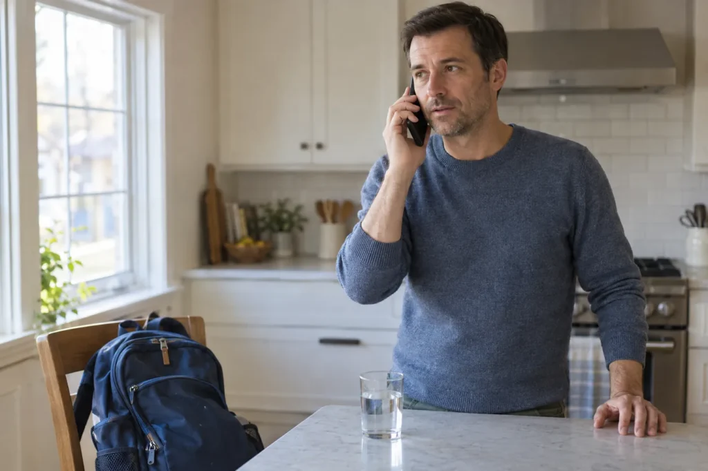 Father in the kitchen calling his child's school on a weekday morning