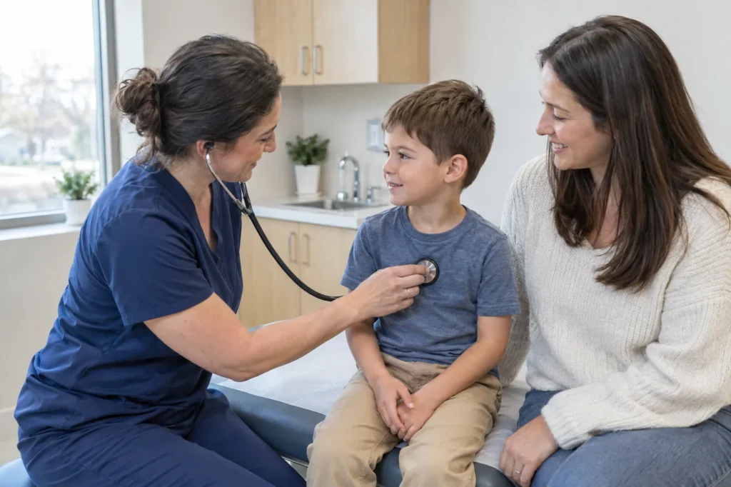 Clinician listening to a young boy's chest during a school physical as his mother smiles