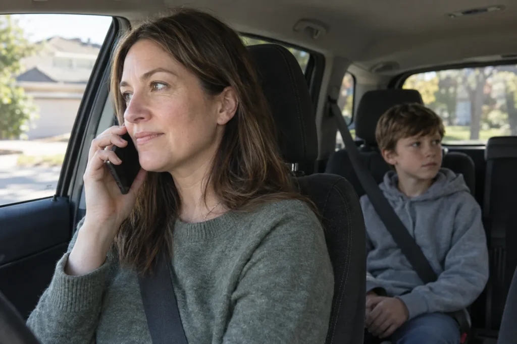 Mother making a phone call from the driver's seat as her son waits buckled in the back