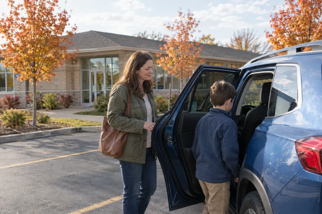 Mother and son getting out of an SUV in the parking lot of a small medical building