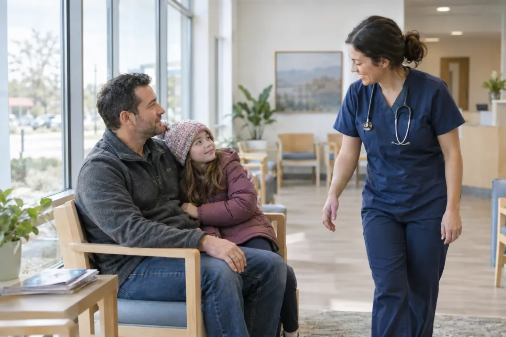 Father and daughter in a bright waiting area as a staff member walks over to greet them