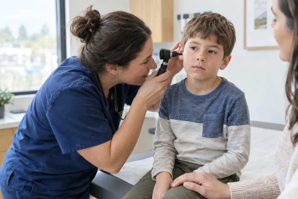 Clinician checking a boy's ear with an otoscope while his mother rests a hand on his knee