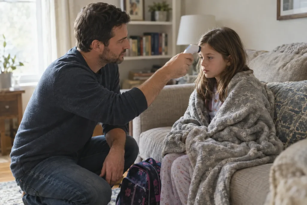 Father checking his daughter's temperature at home with a school backpack nearby