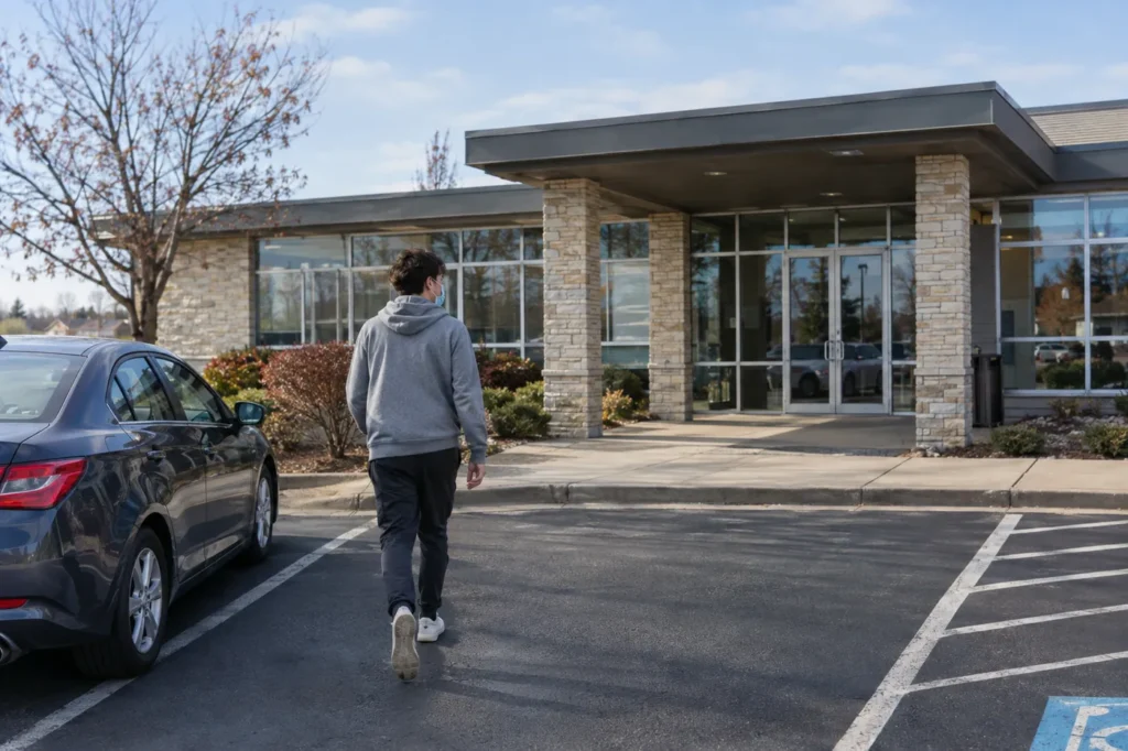 Young man in a face mask walking from the parking lot toward a small suburban medical building
