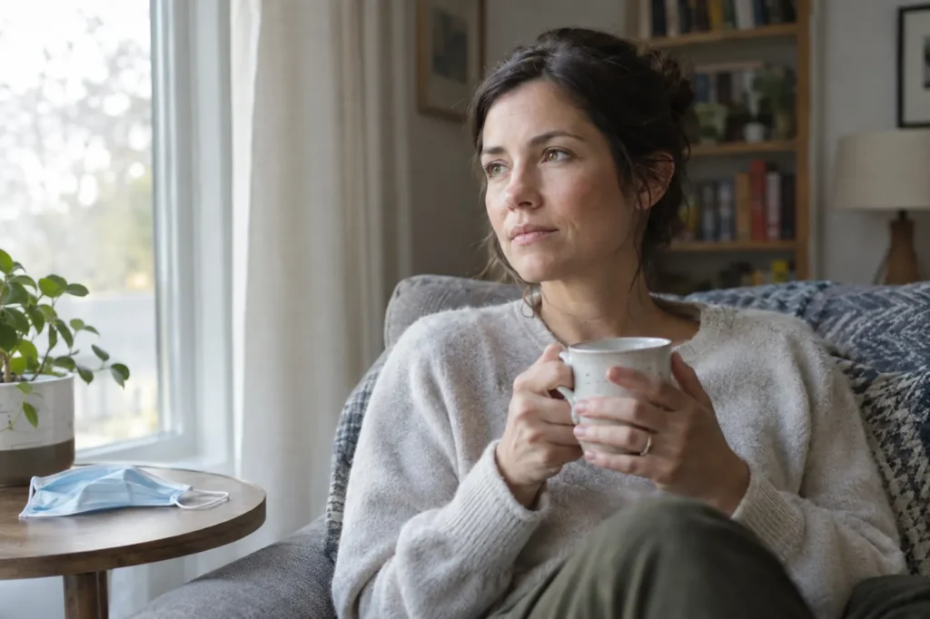 Woman sitting by a window at home with a mug of tea and a folded face mask beside her
