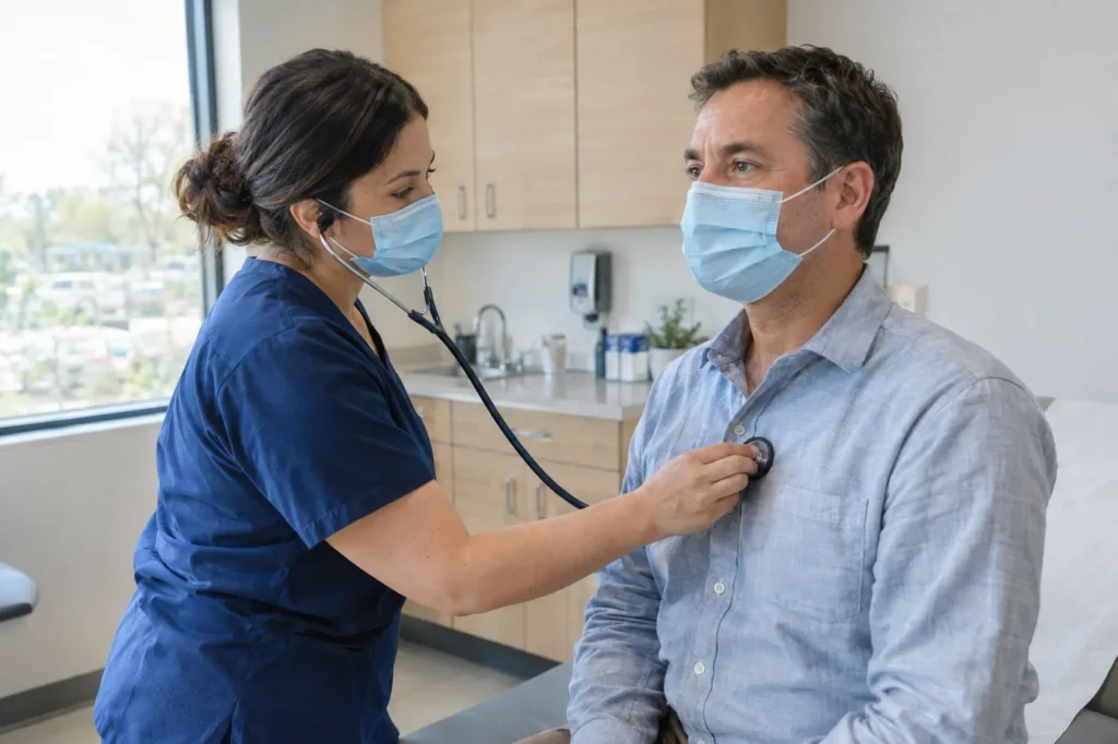 Masked clinician listening to a masked man's chest with a stethoscope in a bright exam room