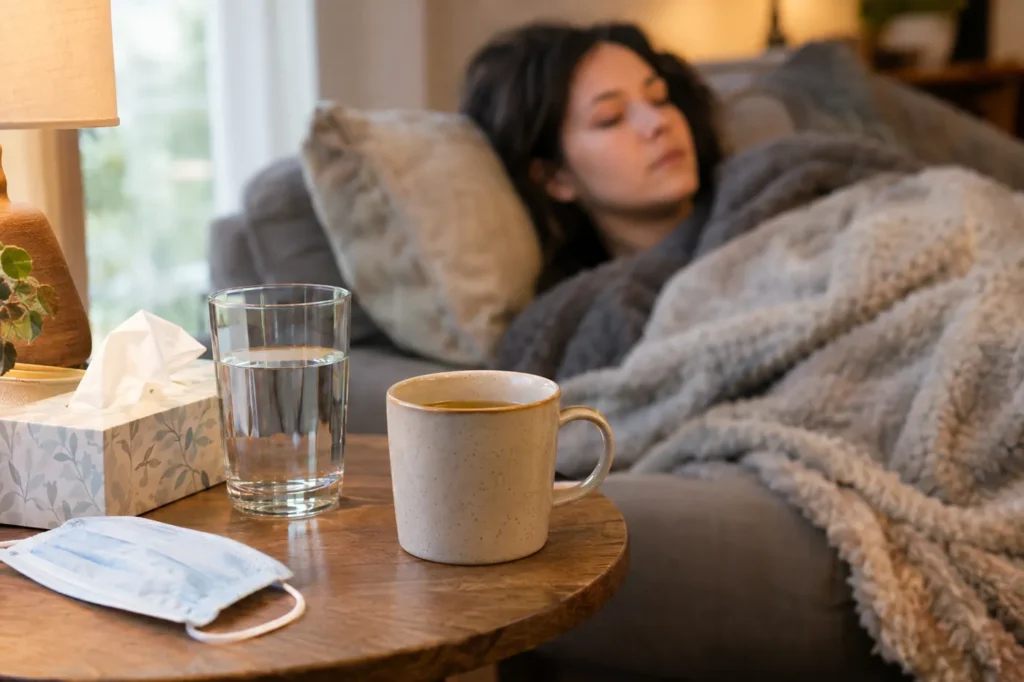 Glass of water, broth and tissues on a side table beside someone resting on a sofa