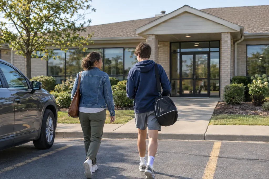 Mother and teenage son walking from their car toward a small suburban medical building