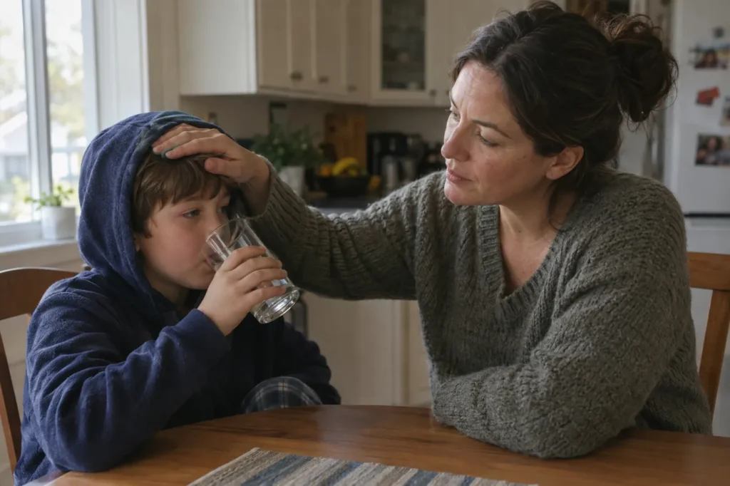 Mother feeling her son's forehead at the kitchen table on a school morning