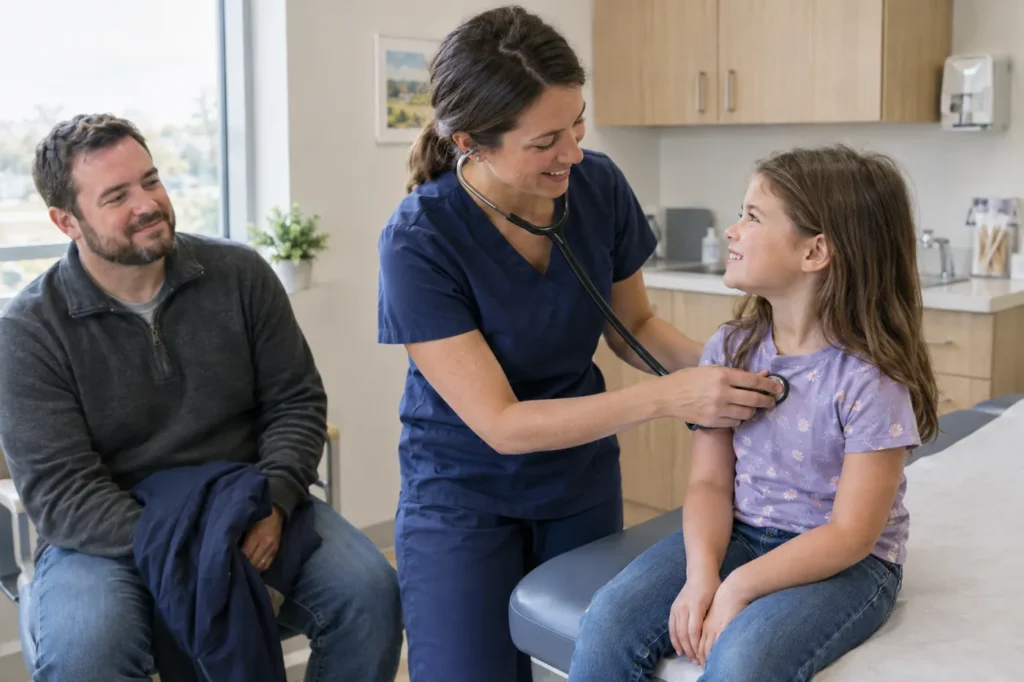 Clinician listening to a young girl's heartbeat during a school physical as her father watches